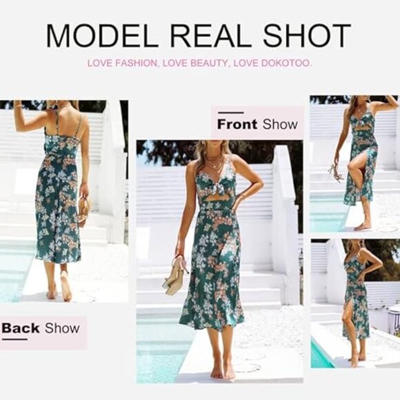 Dokoto Women's Summer Floral Print Spaghetti Strap Sundress V Neck Tie Front Max - Picture 5 of 6